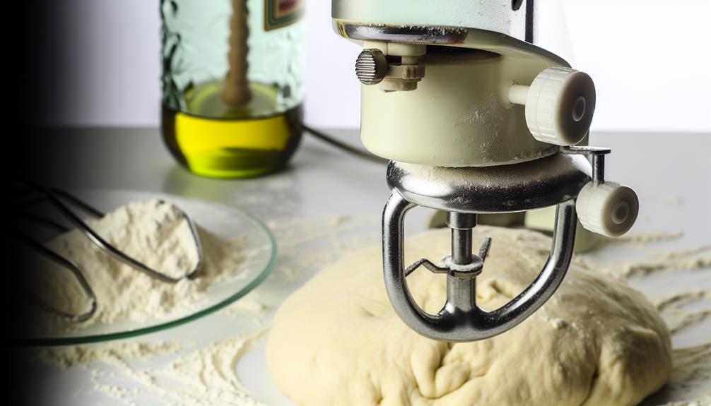KitchenAid Mixer in front of pizza dough and ingredients.
