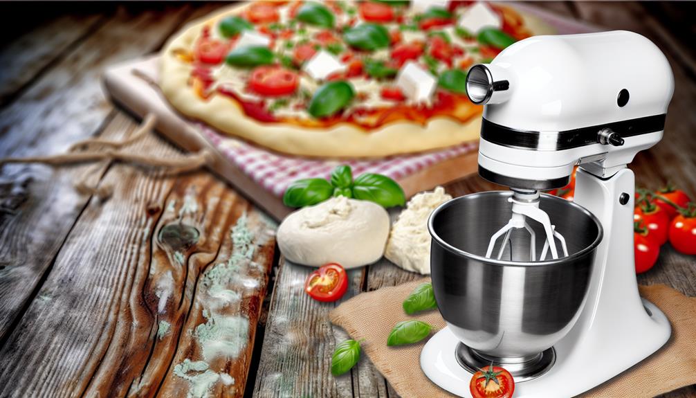 Image of a KitchenAid Mixer next to a pizza.
